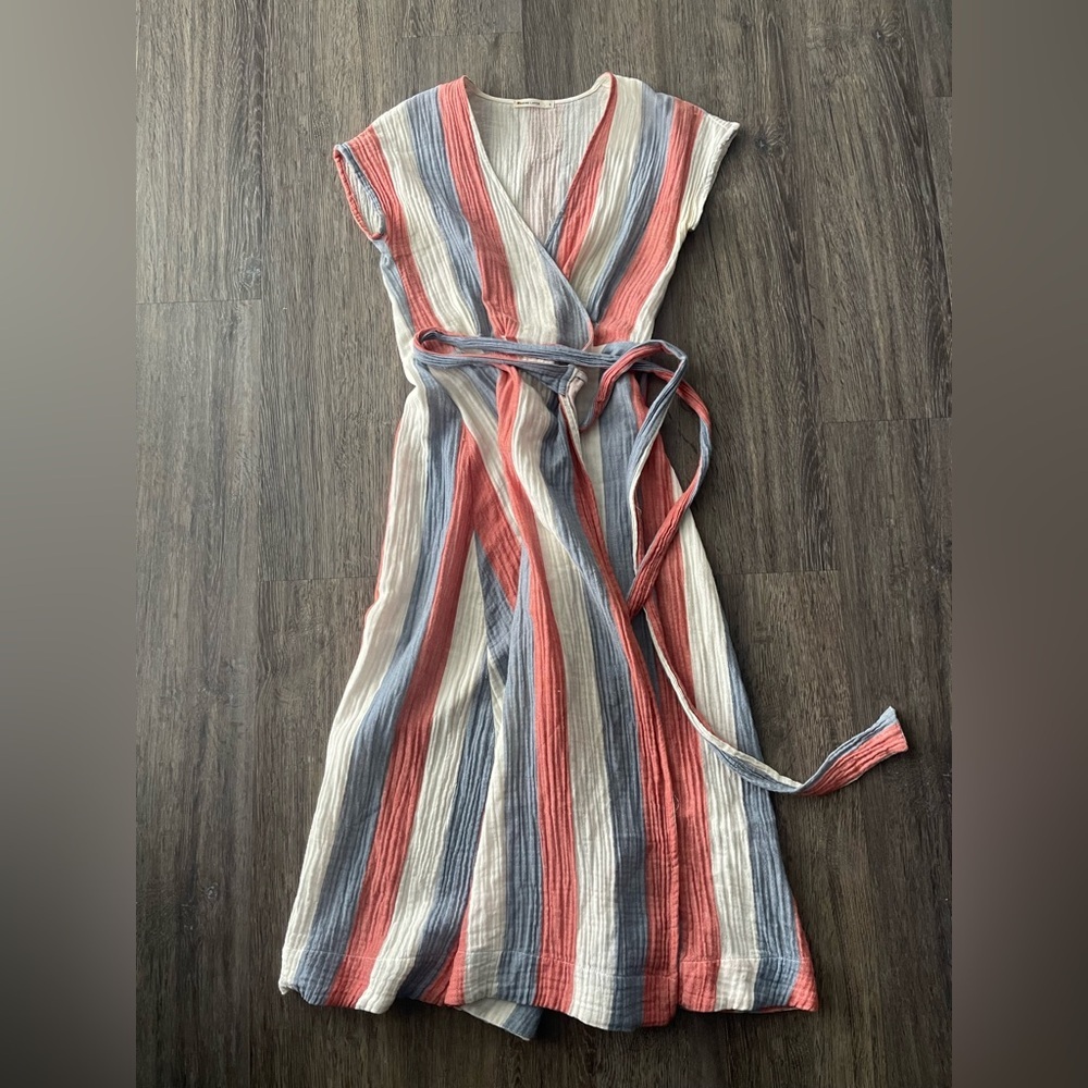 Marine Layer Striped Wrap Dress in Coral, Blue, and Cream